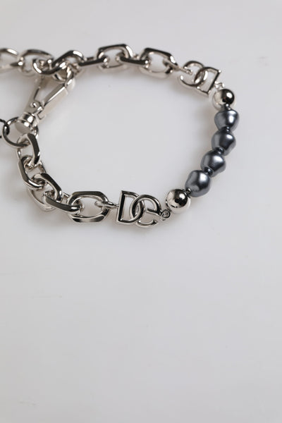 Dolce & Gabbana Silver Tone Chain Lobster Clasp Logo Gray Pearls Bracelet