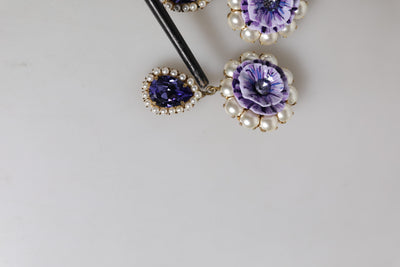 Dolce & Gabbana Purple Flower Pearl Teardrop Crystals Clip On Earrings