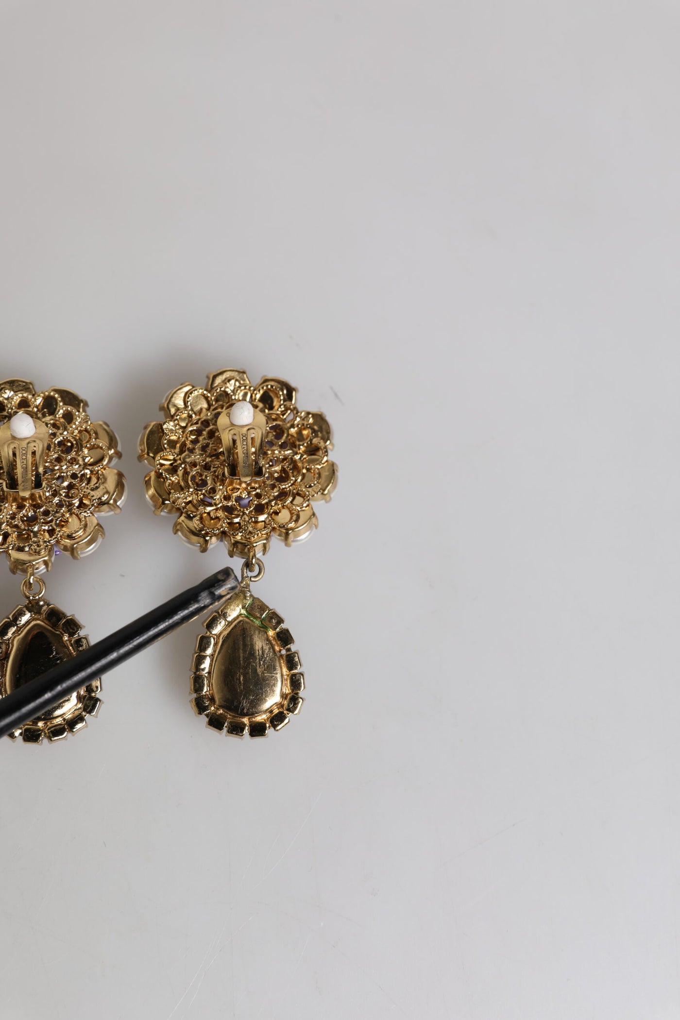 Dolce & Gabbana Purple Flower Pearl Teardrop Crystals Clip On Earrings