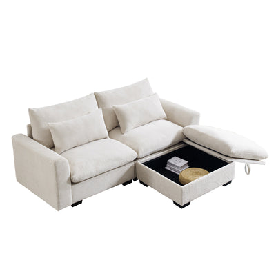 Sectional Sofa Comfy Corduroy Couch for Living Room with Pillows and Round Armrests, Modern Corduroy Sofa Sleeper Deep Couches with Storage Ottoman (Beige, 2-Seat)