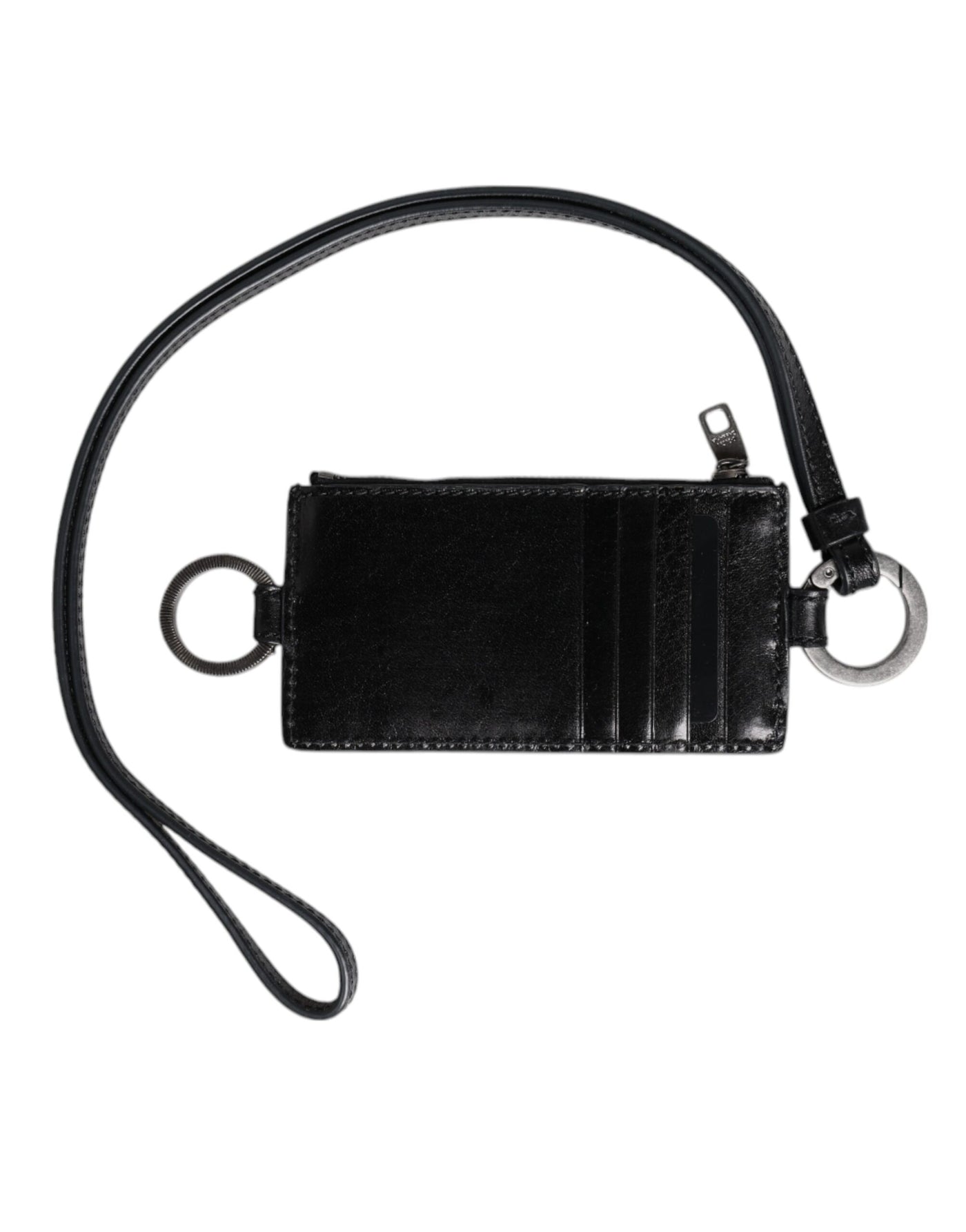 Dolce & Gabbana Black Leather Logo Embossed Lanyard Card Holder Wallet