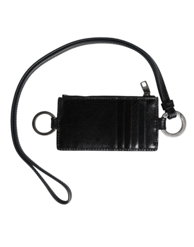 Dolce & Gabbana Black Leather Logo Embossed Lanyard Card Holder Wallet