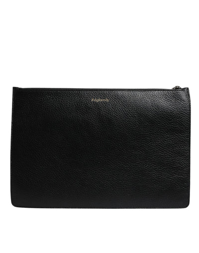 Dolce & Gabbana Black Leather #DGFAMILY Embellished Men Zip Pouch Bag
