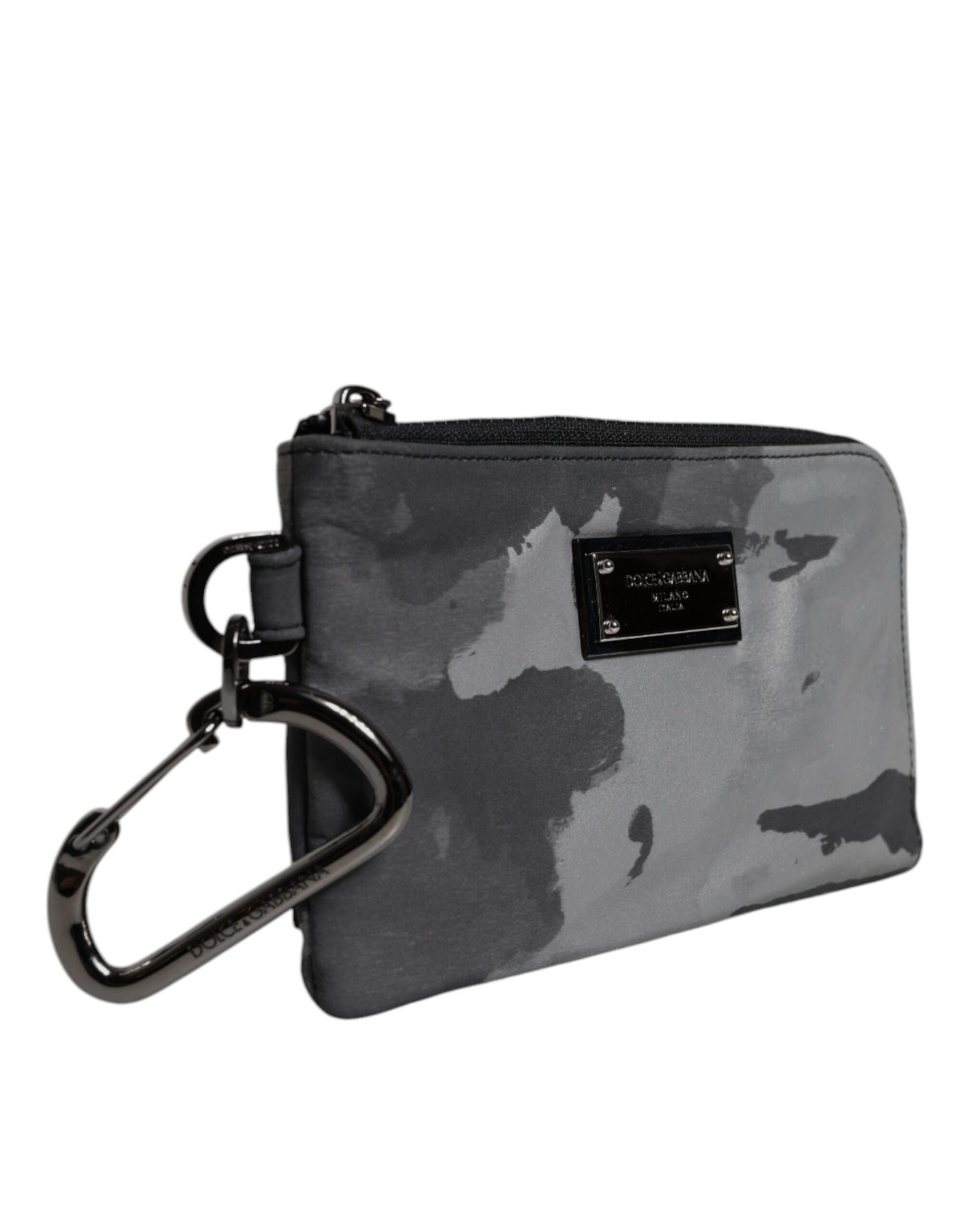Dolce & Gabbana Black Gray Camouflage Logo Plaque Keyring Pouch Bag