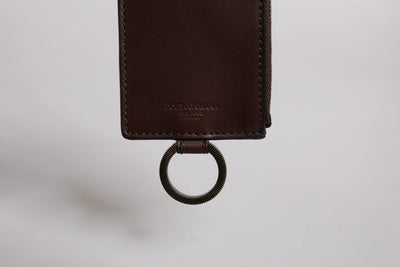 Dolce & Gabbana Brown Calf Leather Lanyard Logo Card Holder Wallet