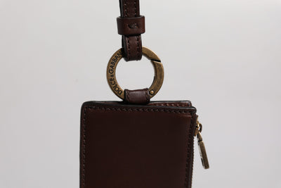 Dolce & Gabbana Brown Calf Leather Lanyard Logo Card Holder Wallet