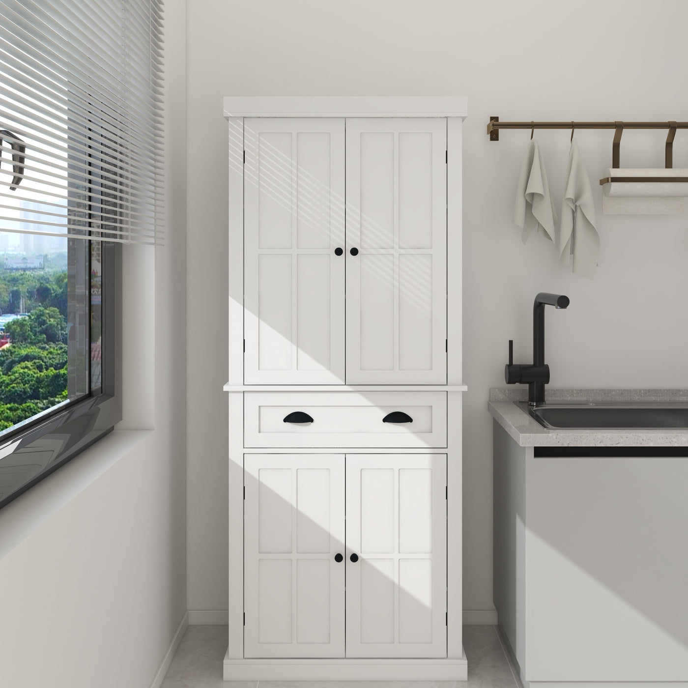 71' Kitchen Pantry Storage Cabinet , with 4 Doors, Drawer, 2 Adjustable Shelves, Freestanding Cupboard for Dining Room Living Room, Laundry-White