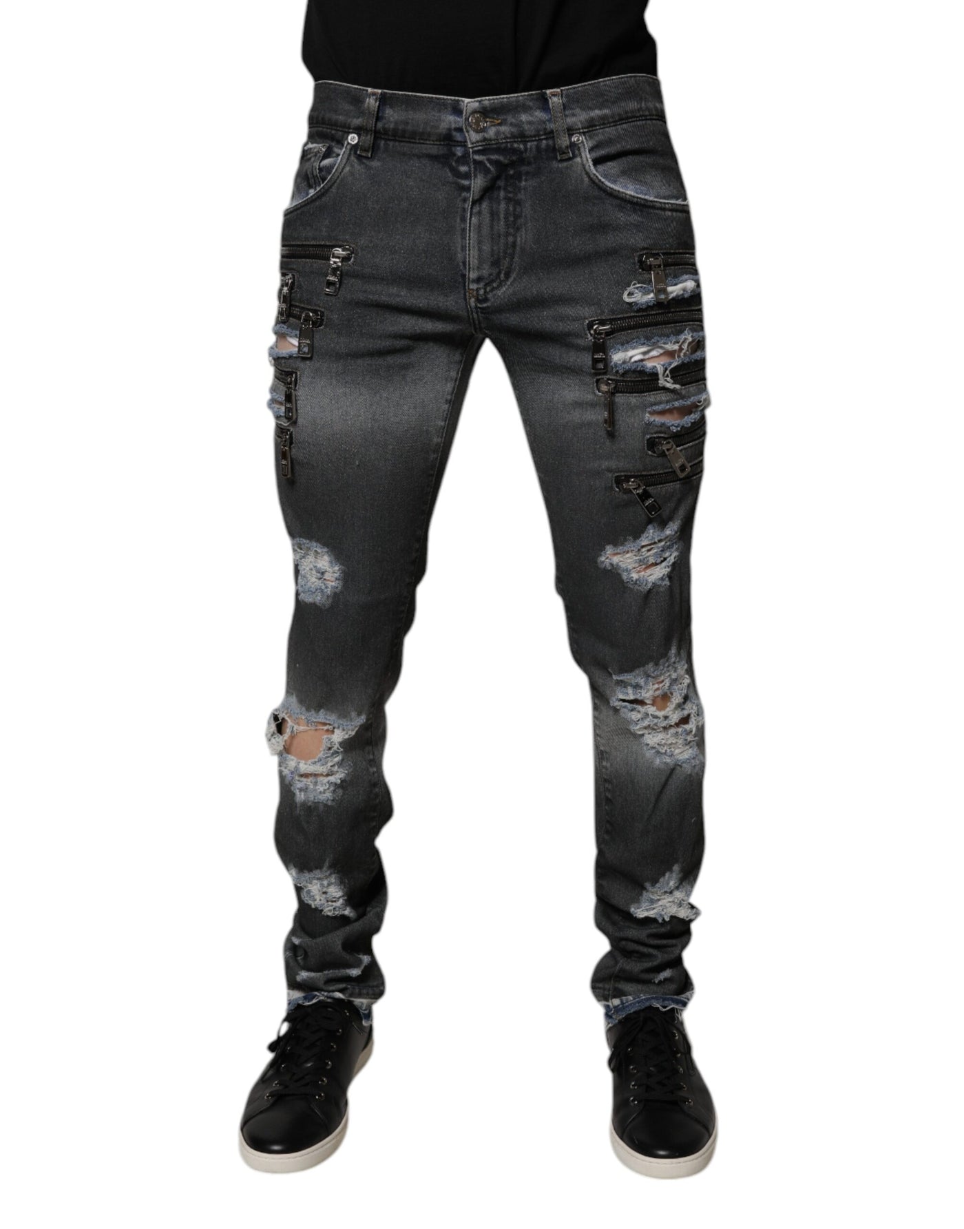 Dolce & Gabbana Dark Gray Tattered Cotton Skinny Denim Jeans