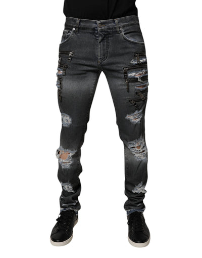 Dolce & Gabbana Dark Gray Tattered Cotton Skinny Denim Jeans