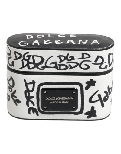 Dolce & Gabbana Black White Leather Scribble Embossed Logo Airpods Case