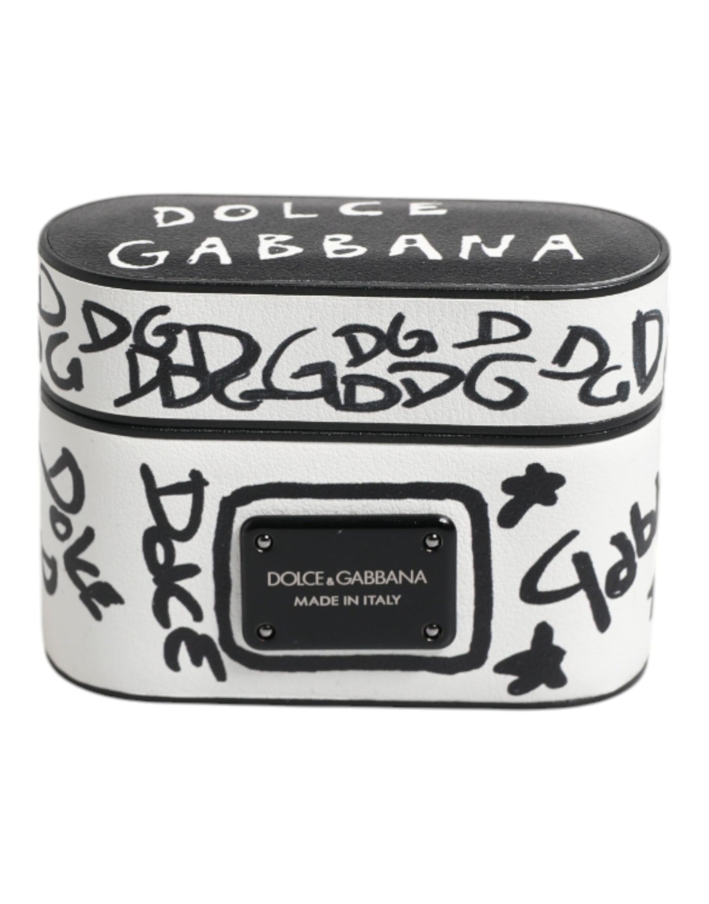 Dolce & Gabbana Black White Leather Scribble Embossed Logo Airpods Case