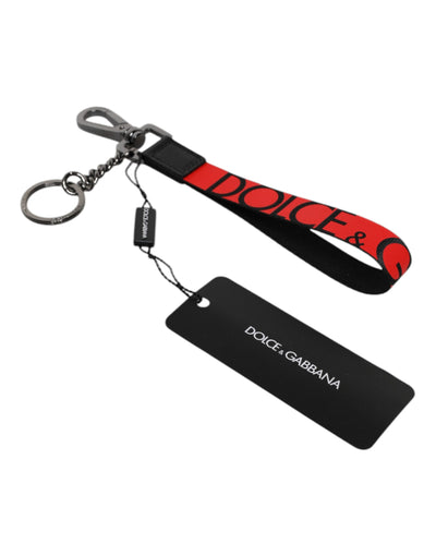 Dolce & Gabbana Red Logo Nylon Silver Brass Men Holder Keychain Keyring