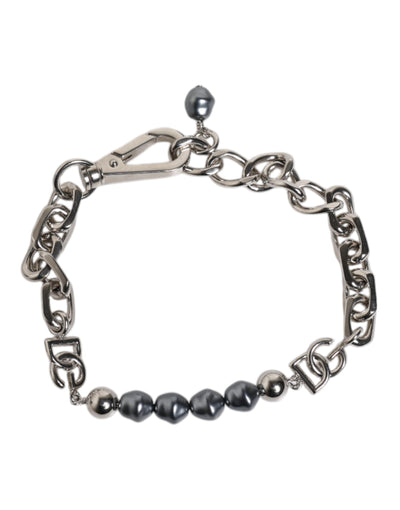 Dolce & Gabbana Silver Tone Chain Lobster Clasp Logo Gray Pearls Bracelet