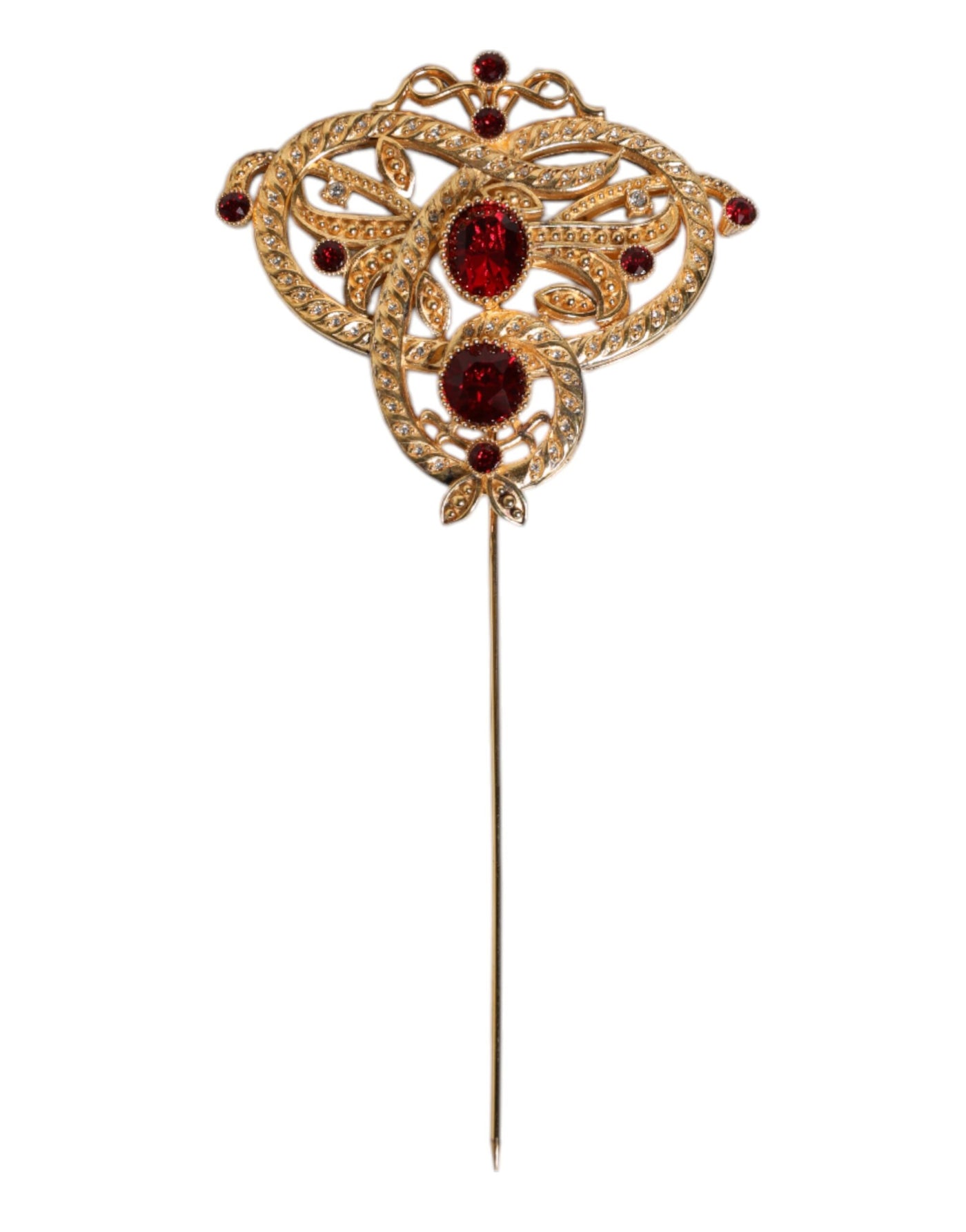 Dolce & Gabbana Gold Tone Red Crystal Embellish 925 Sterling Silver Pin