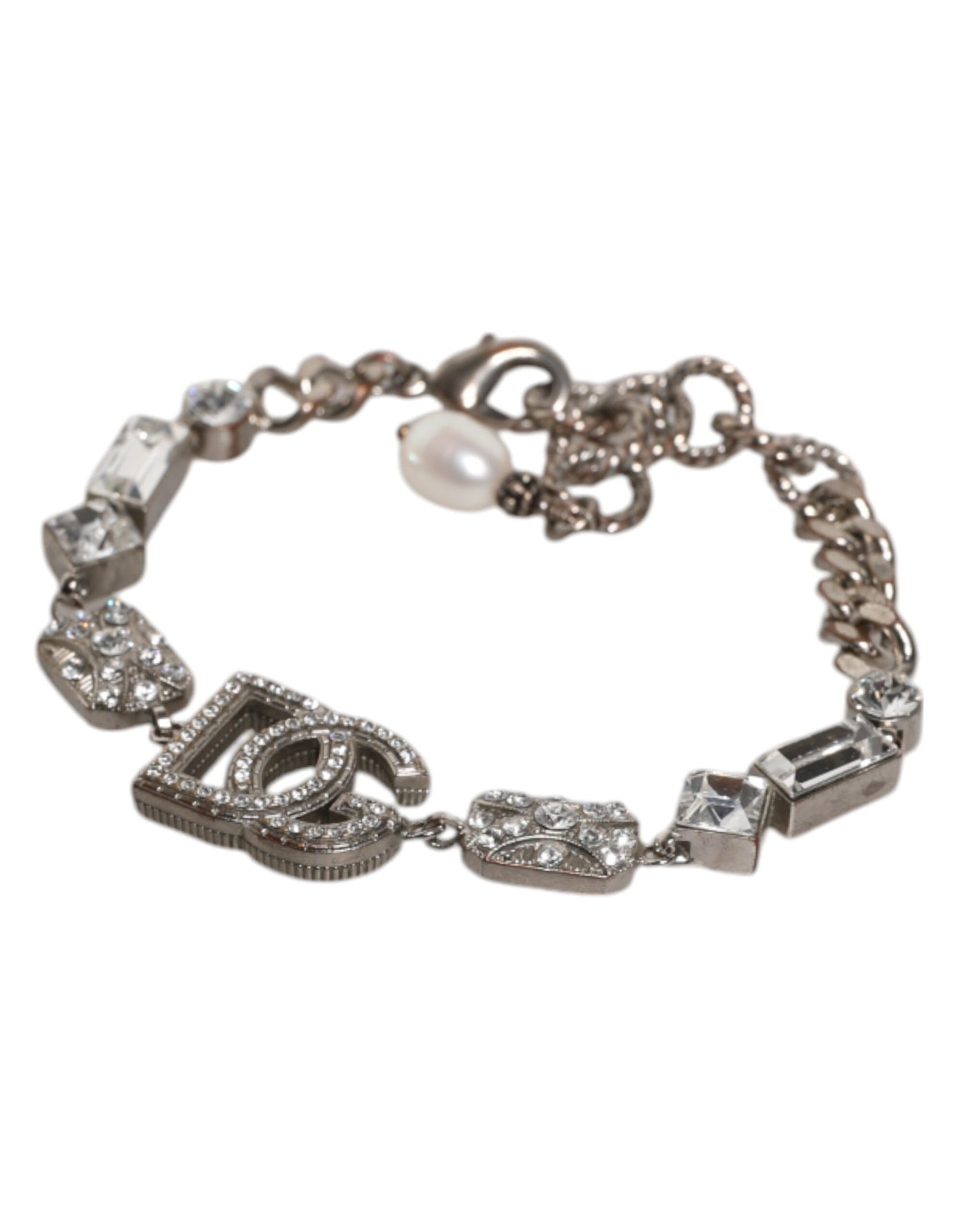 Dolce & Gabbana Silver Brass Crystal DG Logo Charm Embellished Bracelet