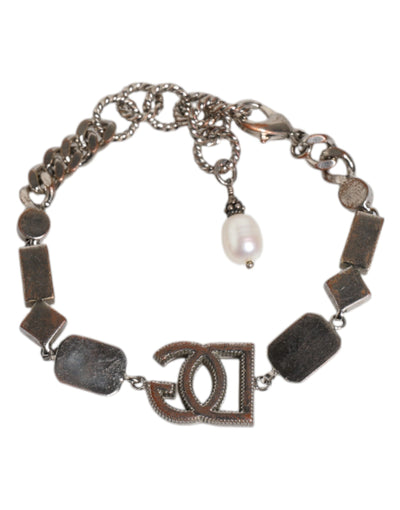 Dolce & Gabbana Silver Brass Crystal DG Logo Charm Embellished Bracelet