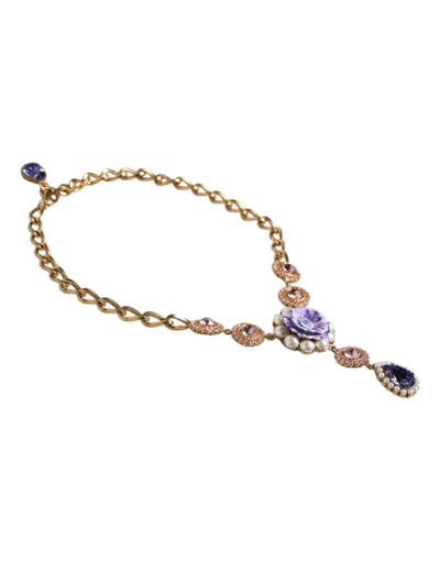 Dolce & Gabbana Gold Brass Floral Crystals Pearl Embellished Necklace