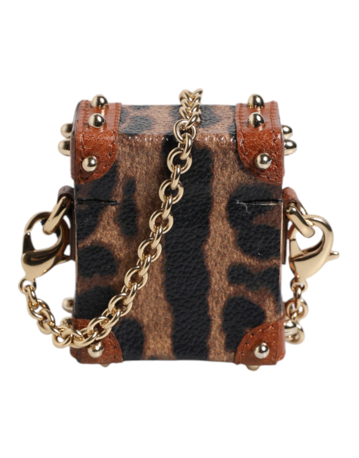 Dolce & Gabbana Brown Leopard Metal Logo Plaque Gold Chain Airpods Case