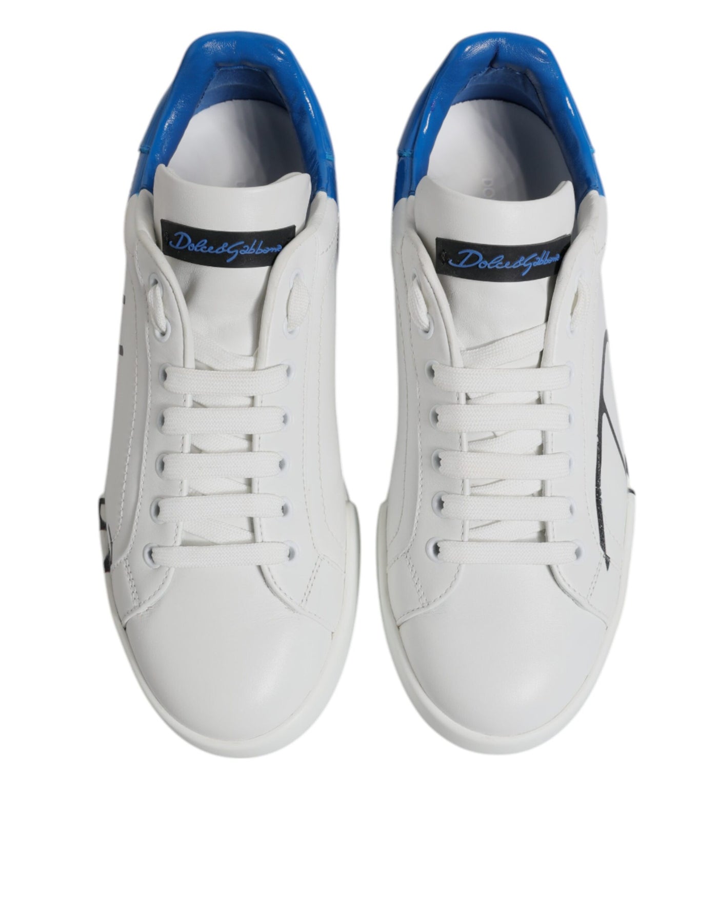 Dolce & Gabbana White Blue Leather Logo Low Top Sneakers Shoes