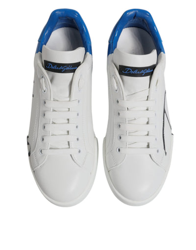 Dolce & Gabbana White Blue Leather Logo Low Top Sneakers Shoes