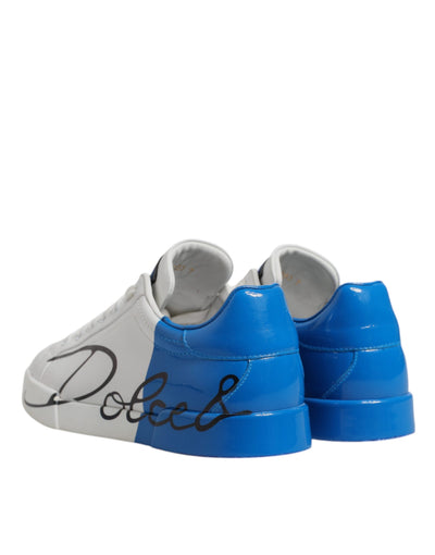 Dolce & Gabbana White Blue Leather Logo Low Top Sneakers Shoes