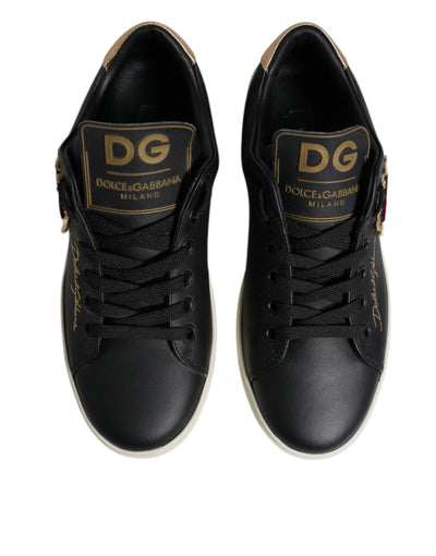 Dolce & Gabbana Black Leather Gold Red Heart Sneakers Shoes