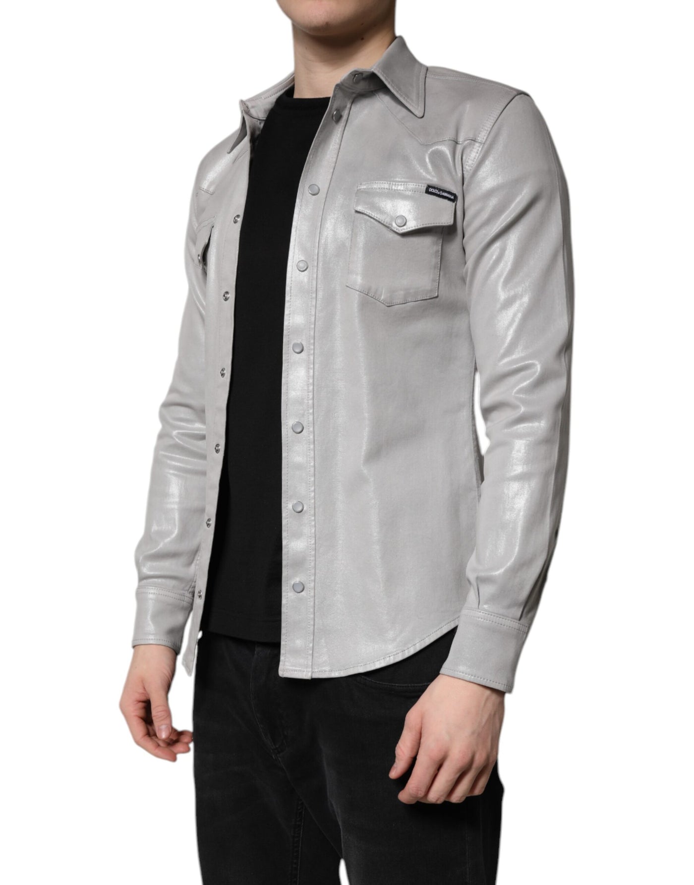 Dolce & Gabbana Metallic Gray Cotton Button Down Shirt