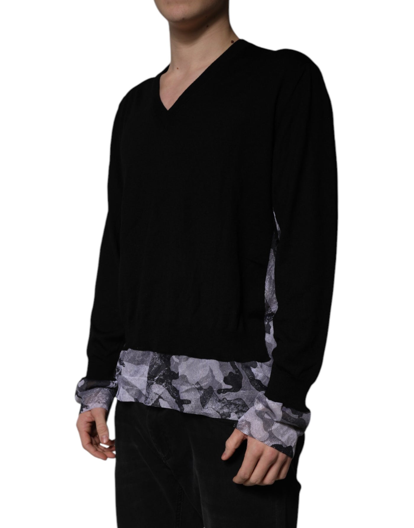 Dolce & Gabbana Black Camouflage V-neck Pullover Sweater