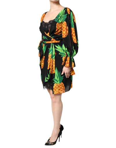 Dolce & Gabbana Black Silk Pineapple Draped Print Wrap Dress