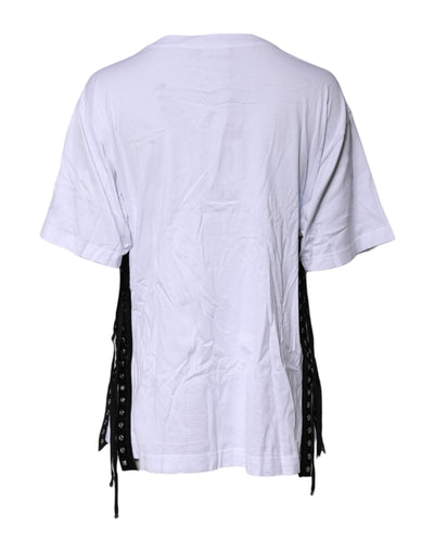 Dolce & Gabbana White Print Lace-Up Cotton Crew Neck T-shirt