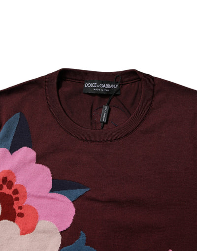 Dolce & Gabbana Maroon Floral Silk Crew Neck Blouse Top