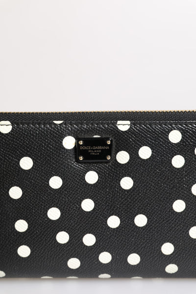 Dolce & Gabbana Black White Dotted Leather Zip Around Continental Wallet