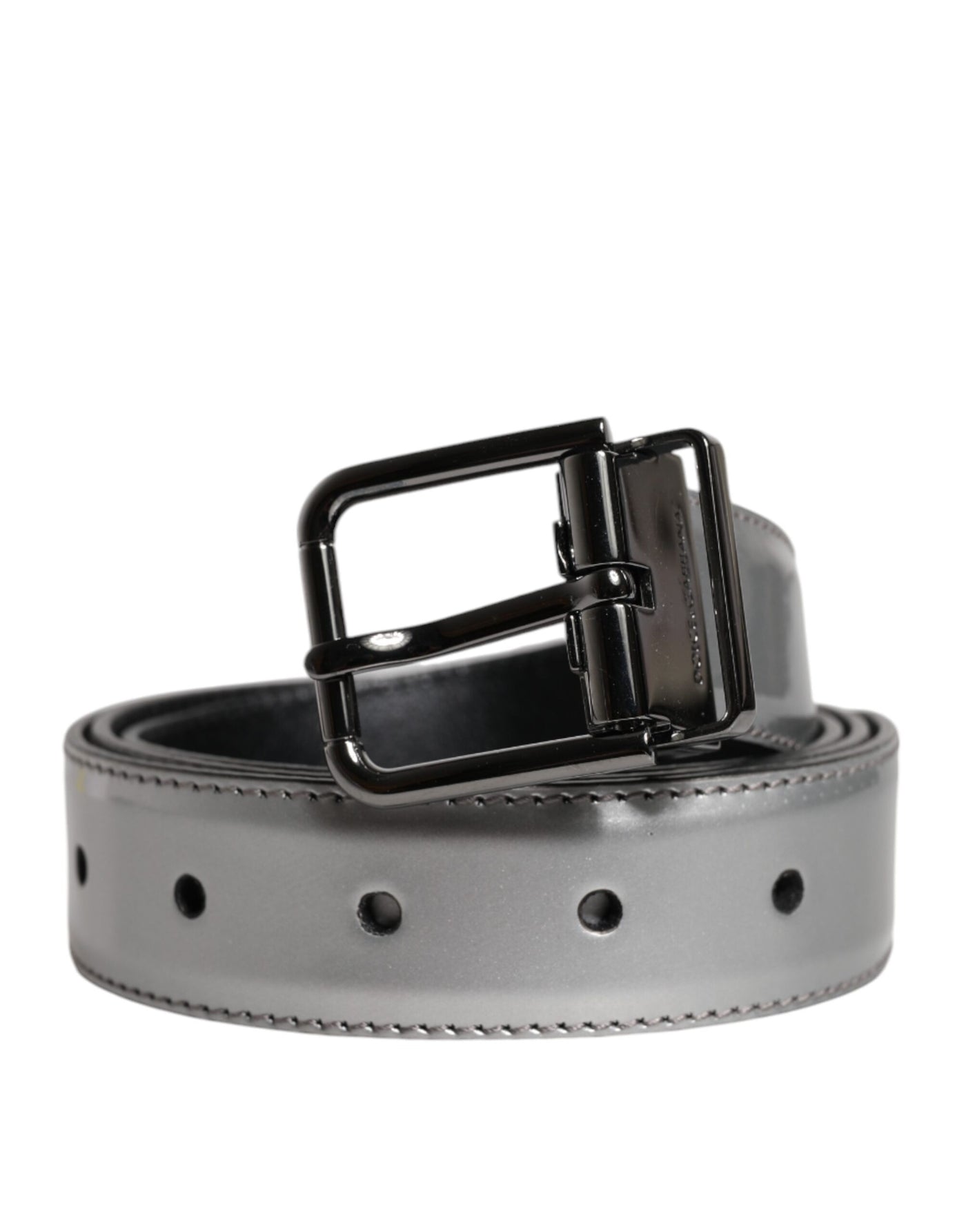 Dolce & Gabbana Silver Leather Classic Metal Logo Buckle Belt
