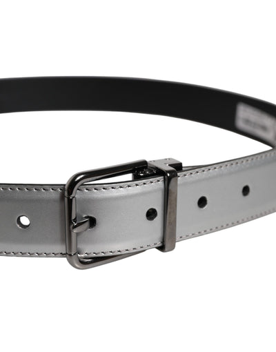 Dolce & Gabbana Silver Leather Classic Metal Logo Buckle Belt