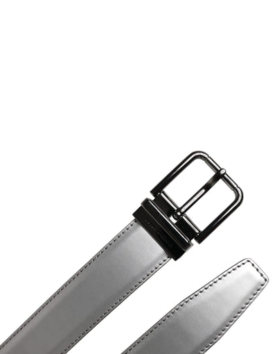 Dolce & Gabbana Silver Leather Classic Metal Logo Buckle Belt