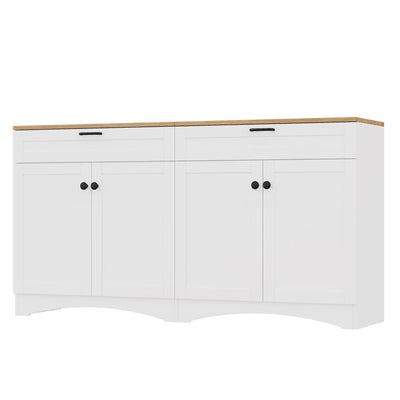 ON-TREND Farmhouse TV Stand with 2 Drawers for TVs Up to 70', Versatile Wood Grain Sideboard with Adjustable Shelves, Mid-Century Buffet Cabinet with Rustic Handles for Living Room/Bedroom, White