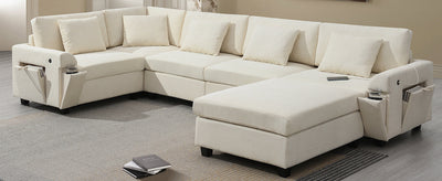 Chenille U Shaped Sectional Sofa with Ottoman, Storage, Cup Holders, and USB Ports, Off White, 128*67'