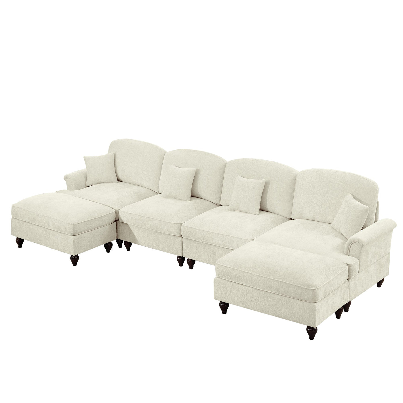 Classic U Shape 4 Seater Modular Sectional Sofa Couch with Flared Arms and Removable Ruffles Pleats Skirts and Spindle Legs, Chenille Deep Seat Cloud Sofa with Movable Ottomans, Beige White
