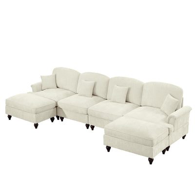 Classic U Shape 4 Seater Modular Sectional Sofa Couch with Flared Arms and Removable Ruffles Pleats Skirts and Spindle Legs, Chenille Deep Seat Cloud Sofa with Movable Ottomans, Beige White