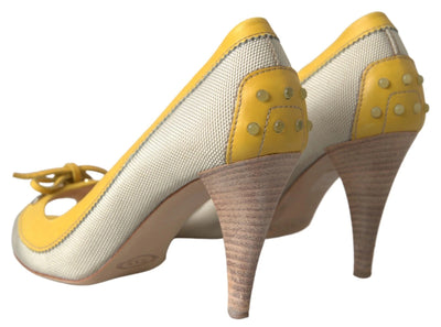 Tod's Yellow Off White Peep Toe Heels Pumps Shoes