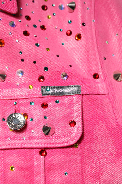 Dolce & Gabbana Pink Crystal Embellished Cotton Denim Jacket