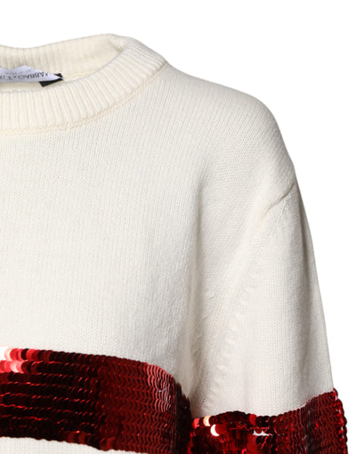 Dolce & Gabbana White Sequined Crew Neck Pullover Sweater