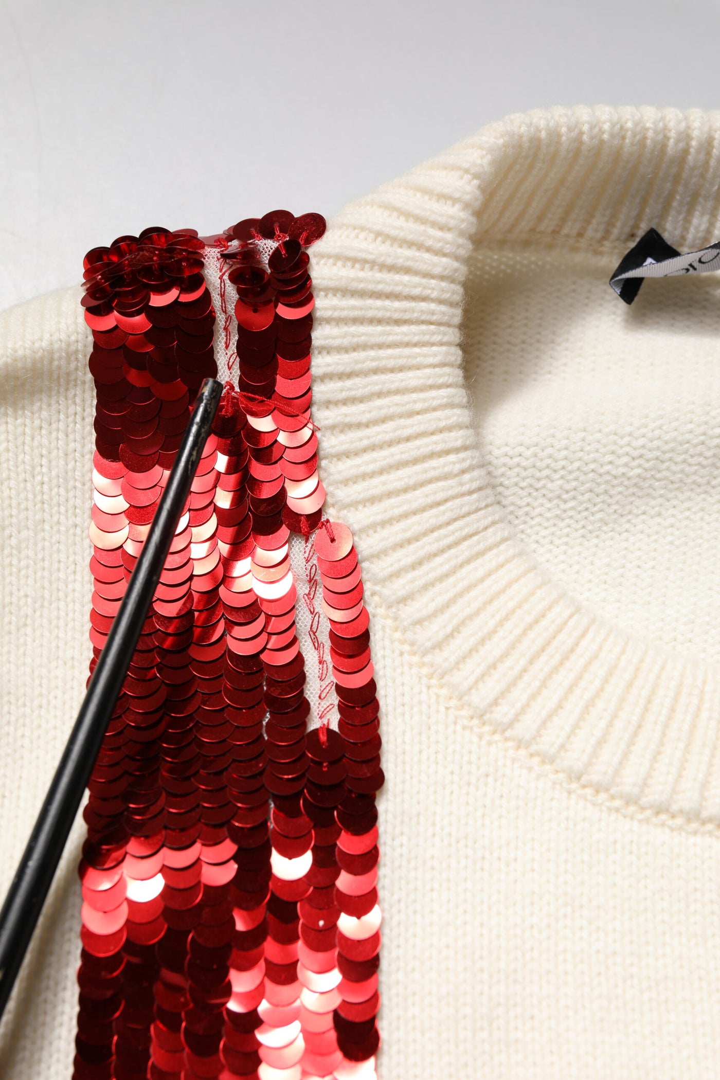 Dolce & Gabbana White Sequined Crew Neck Pullover Sweater