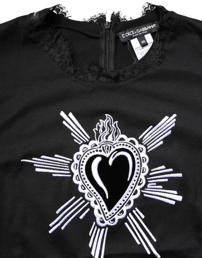 Dolce & Gabbana Black Lace Sheer Sacred Heart Crew Neck Top
