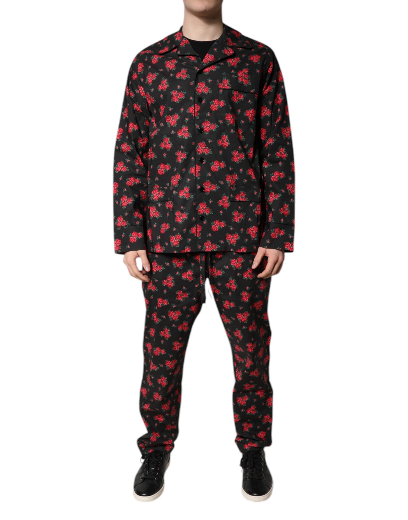 Dolce & Gabbana Black Floral Print Cotton Men Pajama Set Sleepwear
