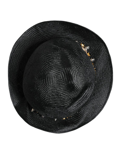 Dolce & Gabbana Black Straw Crystal Embellished Wide Brim Hat