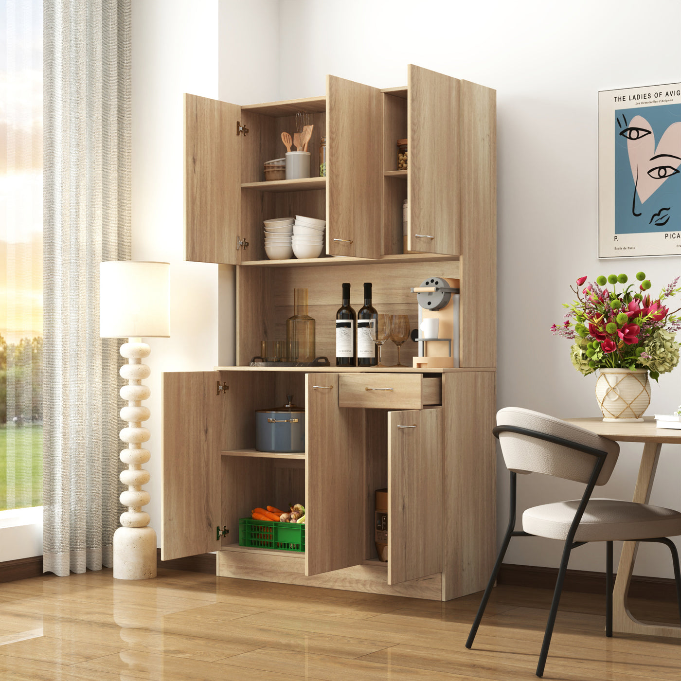 70.87' Tall Wardrobe& Kitchen Cabinet, with 6-Doors, 1-Open Shelves and 1-Drawer for bedroom,Rustic Oak