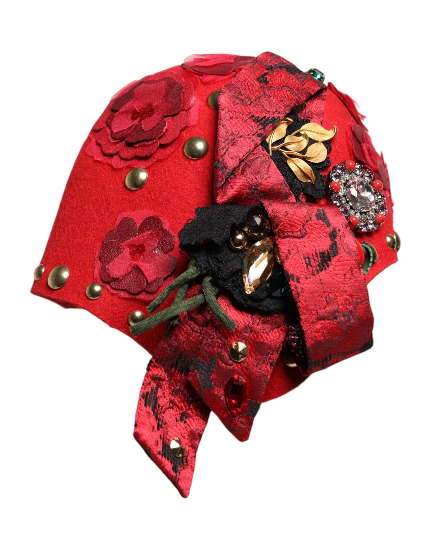 Dolce & Gabbana Red Crystal Gold Roses Brooch Embellished Hat