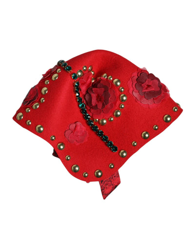 Dolce & Gabbana Red Crystal Gold Roses Brooch Embellished Hat
