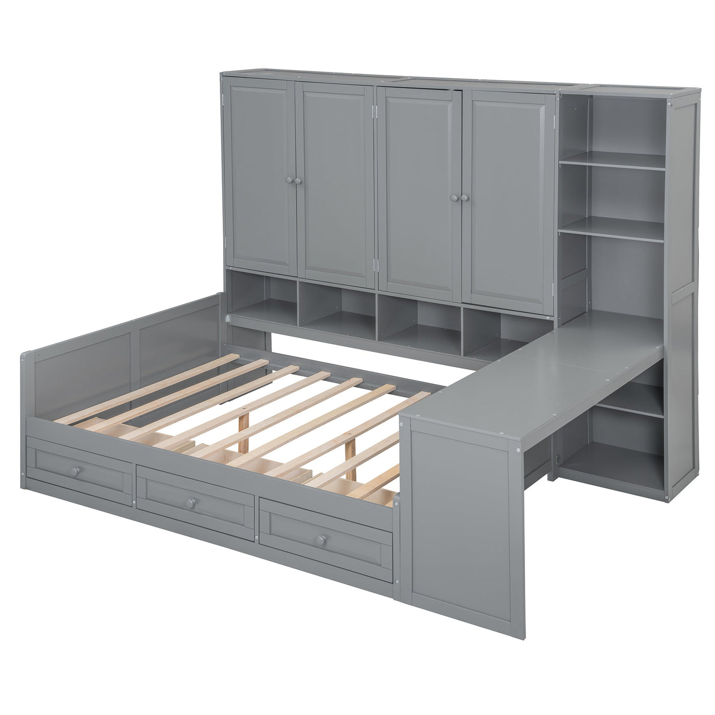 Full Size Wooden Daybed With Three Drawers, and All-in-One Cabinet, Desk and Shelves, Gray